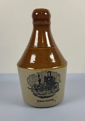 Buy Vintage Steam Engine Detail Two Tone Stoneware Pottery Bottle W/ Cork In Bottom  • 6.95£