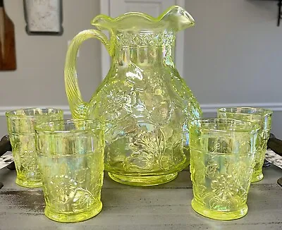 Buy Rambling Rose W/Cane Handle By Mosser Glass - Pitcher Set - Vaseline Glass. • 288.21£