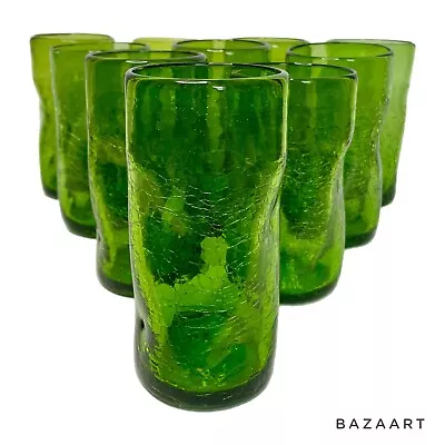 Buy 10 Pilgrim Pinch Dimple Crackle Green Tumblers Blenko Style 6” Drinking Glasses • 141.52£