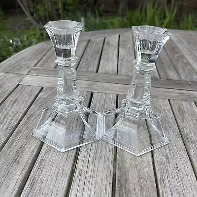 Buy Pair Of Vintage Glass Crystal? Candlesticks Hexagonal Shaped Top And Base • 9.99£