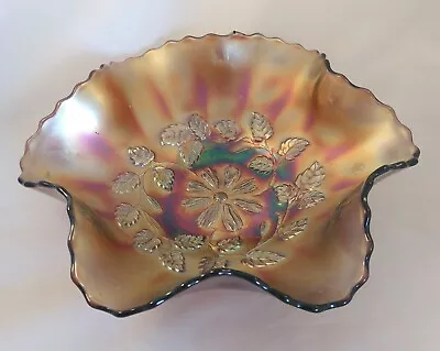Buy Carnival Glass Dugan Bowl Cosmos Flower Amethyst V.Large Ruffled Vintage • 7.95£