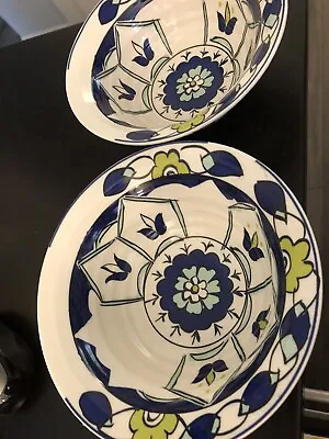 Buy Anthropologie Ceramic 2 Bowls Rice Soup Cereal Bird Logo Blue Tulip Rare Mint • 39.31£