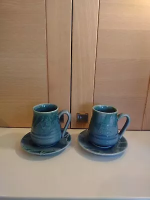 Buy Lamorna Cornish Studio Pottery Blue Cups And Saucers X 2 • 15£