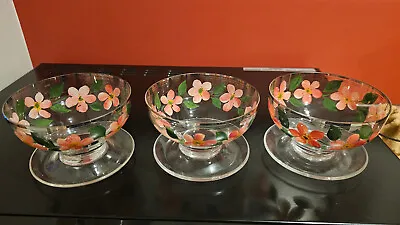 Buy Vintage - 3 X Glass Hand Painted Fruit/ Sundae/Dessert Dishes Bowls • 8.95£