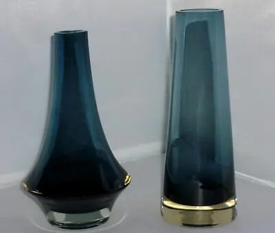 Buy 2 Stunning Vintage Retro Finnish Riihimaki Blue Glass Vase Rocket 1379 & 1364 • 44.09£