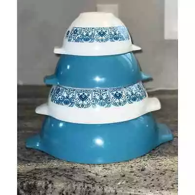 Buy Pyrex 4 Piece Blue Horizon Vintage Moon Cinderella Milk Glass Mixing Bowls  • 245.69£