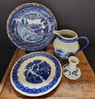 Buy Vintage Blue And White Pottery Jug Plates Candlestick Job Lot - English, Danube • 22£
