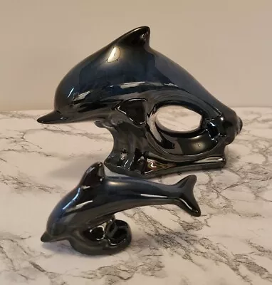 Buy Blue Mountain Pottery Dolphin Figurines Dark Blue To Black Drip Glaze 4  - 7  • 27.49£