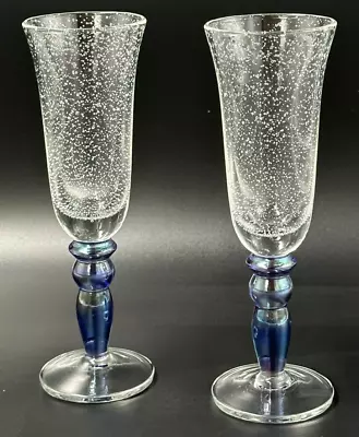 Buy 2 Pottery Barn Hand Blown Clear Bubble Effect Flute Goblets With Blue Stem Bases • 18.17£