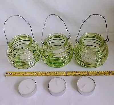 Buy Vintage Green Glass Tea Light/candle Holders With Wire Hangers & 6 Tea Lights • 7.50£
