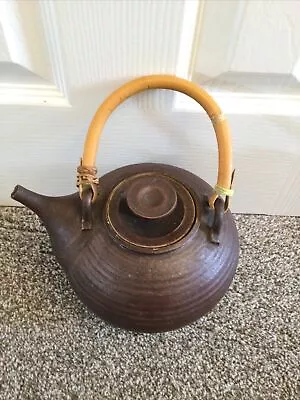 Buy Vintage Studio Pottery Teapot With Bamboo Handle  Brown Stripped Design 2 Pints • 10£