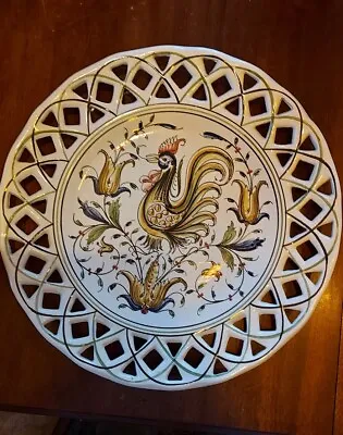 Buy Portuguese Pottery Plate Hand Painted Cockeral Portugal Reticulated Edge 33cm • 11.99£