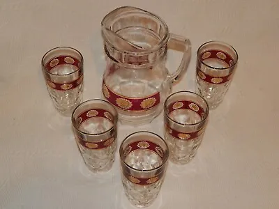 Buy Vintage Glass Jug & 5 Glasses Cranberry And Gold Made In Italy • 22£