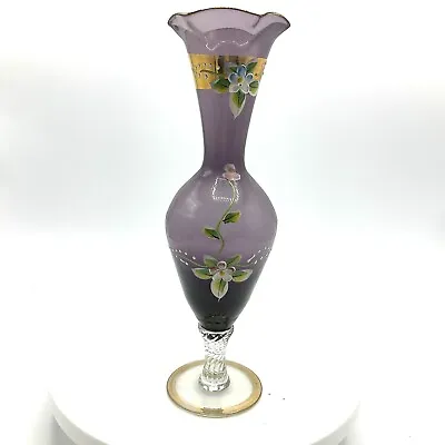 Buy VTG Amethyst Blown Glass Vase W/Twisted Stem Ruffled Rim Gilt Hand Painted • 11.56£