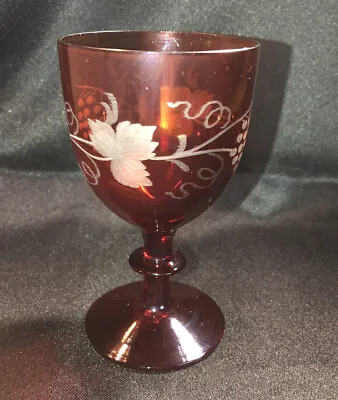 Buy Vintage Ruby Red Bohemian Czech Cordial Etched Glass Goblet Stemware • 11.51£