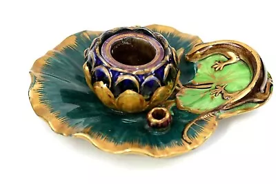 Buy Majolica Pottery Inkwell Lizard On Leaf Design Circa 1870 • 80£