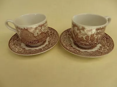 Buy Broadhurst Staffordshire Pair Of Ironstone Brown Pattern Cups & Saucers. • 12.99£