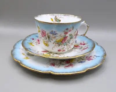 Buy Lovely Antique/Victorian Floral Fluted Bone China Tea Trio  Blue And Gilt • 10£