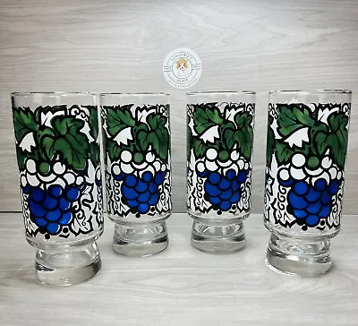 Buy Libbey Drinking Glasses Set Of 4 Vintage Cups Blue Grapes Swanky Retro Glassware • 26.59£