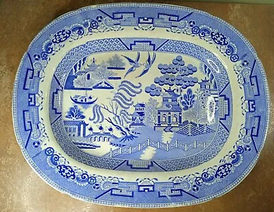 Buy Antique, C1850, Blue Willow Pattern Meat Plate Or Serving Platter 45.5 X 36.5cm • 19.95£
