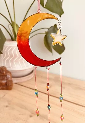 Buy Moon & Star Suncatcher Stained Glass Style Hanging Red/Orange Window Decoration • 16.99£