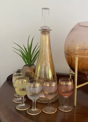 Buy Vintage | Beautiful Gold & Clear Glass Decanter | Six Harlequin Cordial Glasses • 32.50£