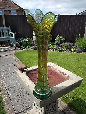 Buy Tall Art Nouveau Iridescent Ribbed Rippled Carnival Glass Vase In Green And Gold • 35£