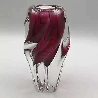 Buy Cranberry Cased Clear Vase Twisted Czech Ribbed 6” Tall • 52.39£