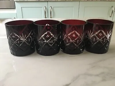 Buy Four Heavy Thick Antique Ruby Red Cut To Clear Tumblers Whiskey Decorative Glass • 20£