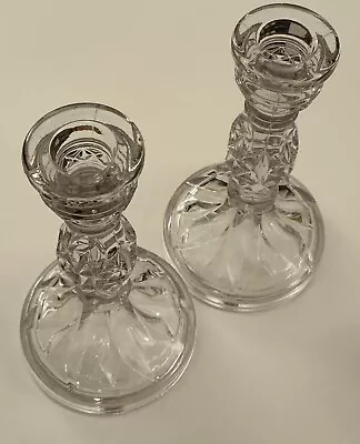 Buy Vintage Thistle Style Cut Glass Clear Candle Sticks • 22£