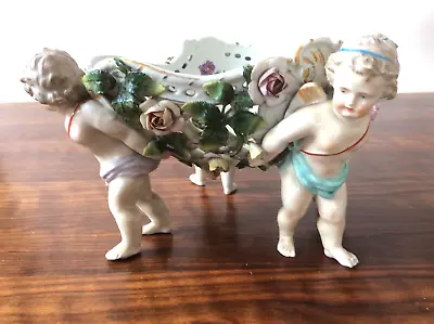 Buy Antique Dresden Signed Porcelain Flower Encrusted Cherub Centrepiece _ 19th C • 295£
