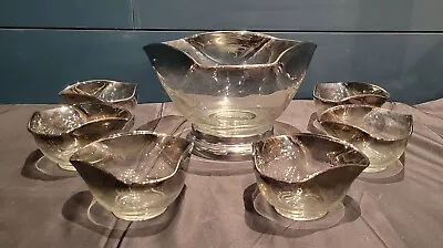 Buy Mid Century Modern Vintage Glass Punchbowl Set W 6 Drinking Glasses 1970s Silver • 216.85£