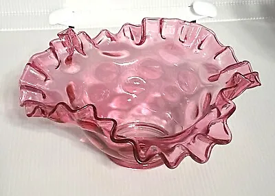 Buy Fenton Cranberry Glass Coin Dot Double Ruffled Crimped Edge Dish Bowl • 33.69£