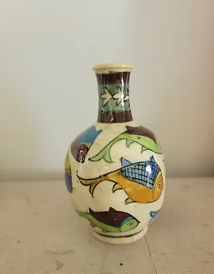 Buy Antique Persian Pottery Glazed Qajar Vase Floral 6  Fish 3 Sided #13 • 108.93£