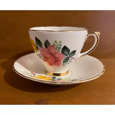 Buy Royal Trent Fine Bone China England Vintage Teacup Saucer Set Pink Yellow Roses • 15.95£