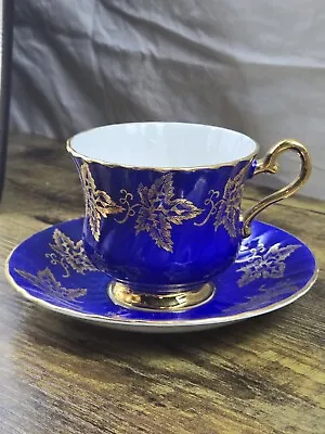 Buy  Royal Sutherland Blue Cobalt Gold Leaf Tea Cup & Saucer Bone China England • 9.95£