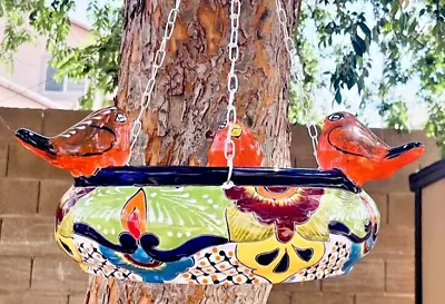 Buy Talavera Birdbath Mexican Pottery Hanging Bird W/Chain Folk Art • 130£
