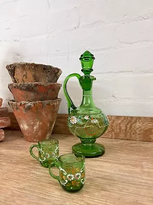 Buy Antique French Hand Blown Green Glass Decanter With Two Matching Glasses Vintage • 40£