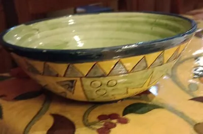 Buy Spanish Studio Pottery Bowl Blue Yellow And Turquoise Coloured Abstract Design. • 14.50£