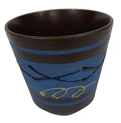 Buy Pottery Planter Blue And Brown With Raised Brown Yellow Design • 16.29£