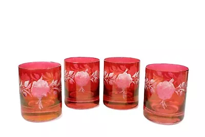 Buy 4 Retro Red Cranberry Cut To Clear Drinking Glasses Design Vintage 1970's Floral • 16£