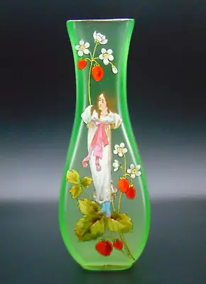 Buy Fritz Heckert Art Nouveau Satin Vaseline Enameled Strawberry Girl Glass Vase • 216.12£