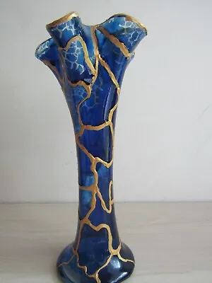 Buy Vintage Blown Glass Handpainted Vase Cobalt Blue And Gold, Fluted Top • 29.95£