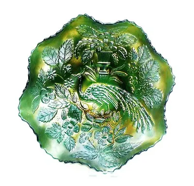 Buy Carvival Glass Bowl, Emerald Green, Peacock & Urn Pattern, Fenton, C.1910 • 295£