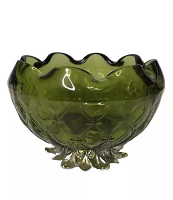 Buy VTG Indiana Glass Quilted Avocado Green Duette Rose Bowl Diamond Gold Pedestal • 19.30£