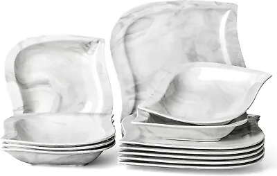 Buy 12pc Marble Grey Dinner Set Porcelain Square Large Plates Crockery Service For 6 • 64.99£