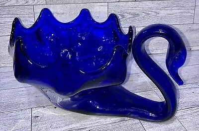 Buy Vintage MCM Sooner/Ozark Hand Blown Cobalt Blue Swirled Glass Swan Centerpiece • 22.72£