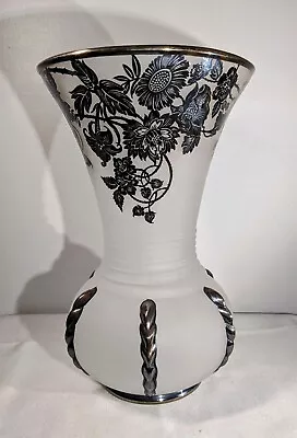 Buy Vtg 1930's Viking New Martinsville Satin Glass Silver Overlay 10  Vase Florals • 56.66£