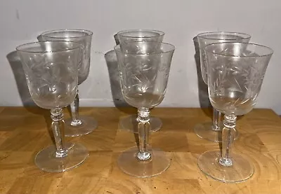 Buy Set Of 6 Mid-Century Etched Cut Glass Whiskey / Sherry Glasses • 20£