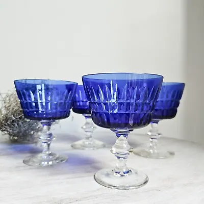 Buy Vintage Crystal Cut Glass Cobalt Blue Bohemian Stemmed Glasses X 4 Set • 99£